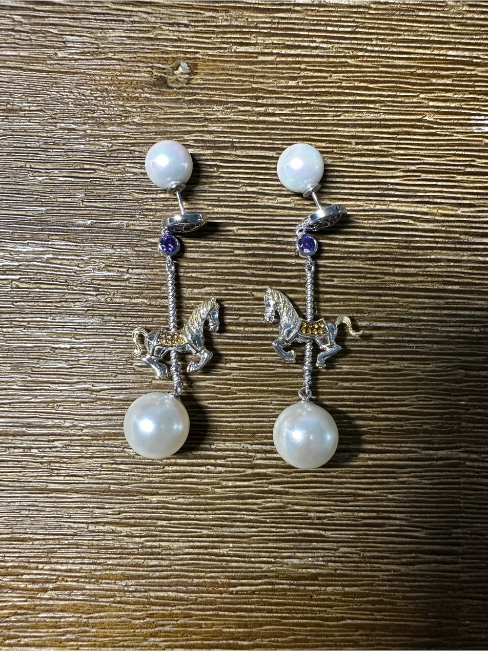 Carousel Horse Earrings Pearl Drop with Purple Accent 925 Sterling silver